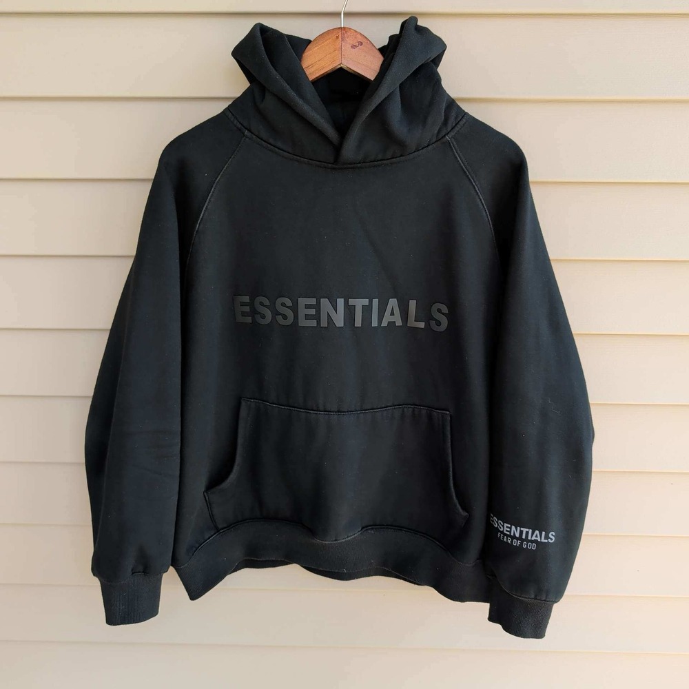 Fear of God Essentials Hoodie Men Size S Black Rubberized Logo Pullover
